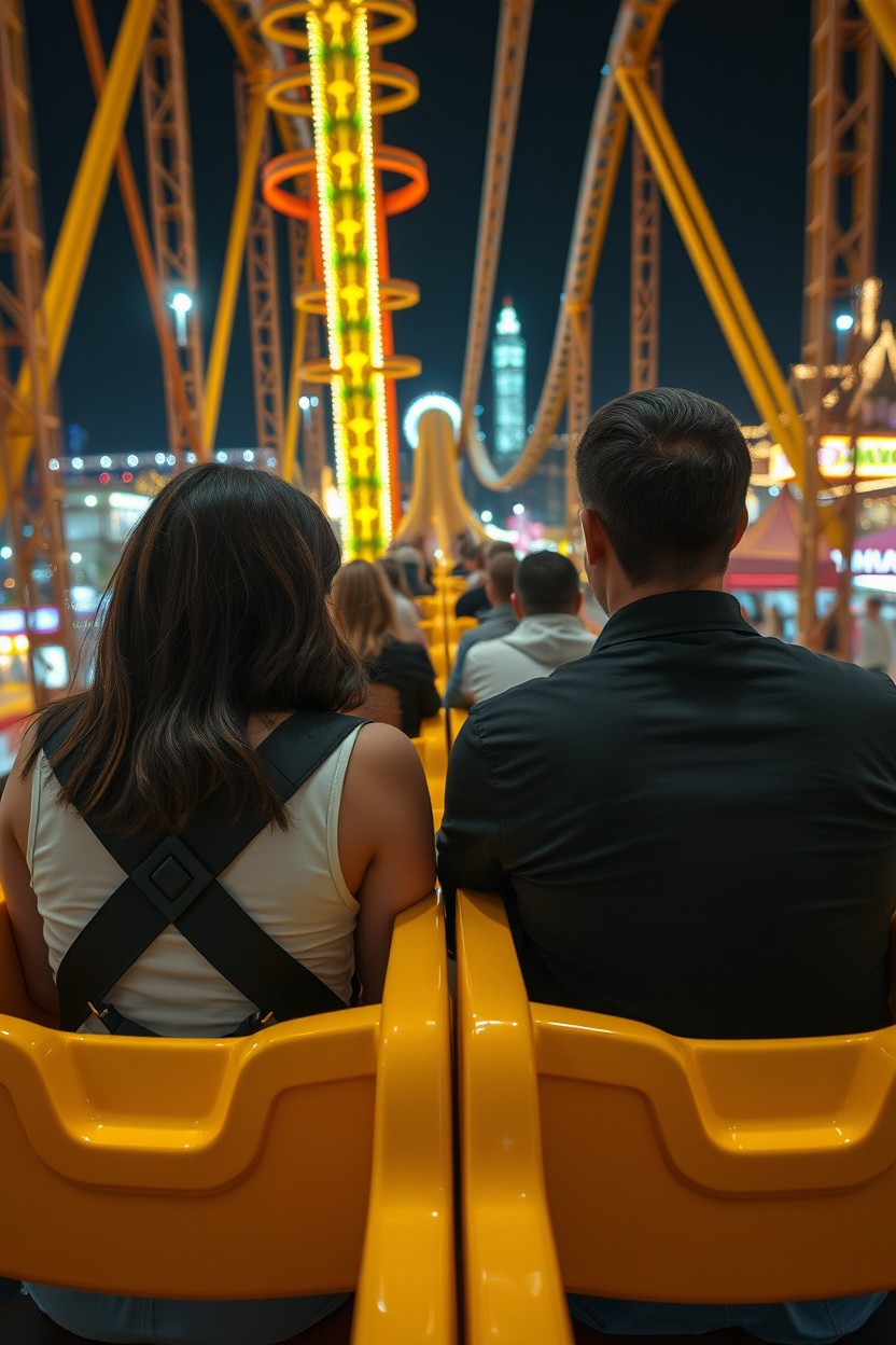 An ultra-realistic cinematic night scene featuring a modern roller coaster at a vibrant city festival