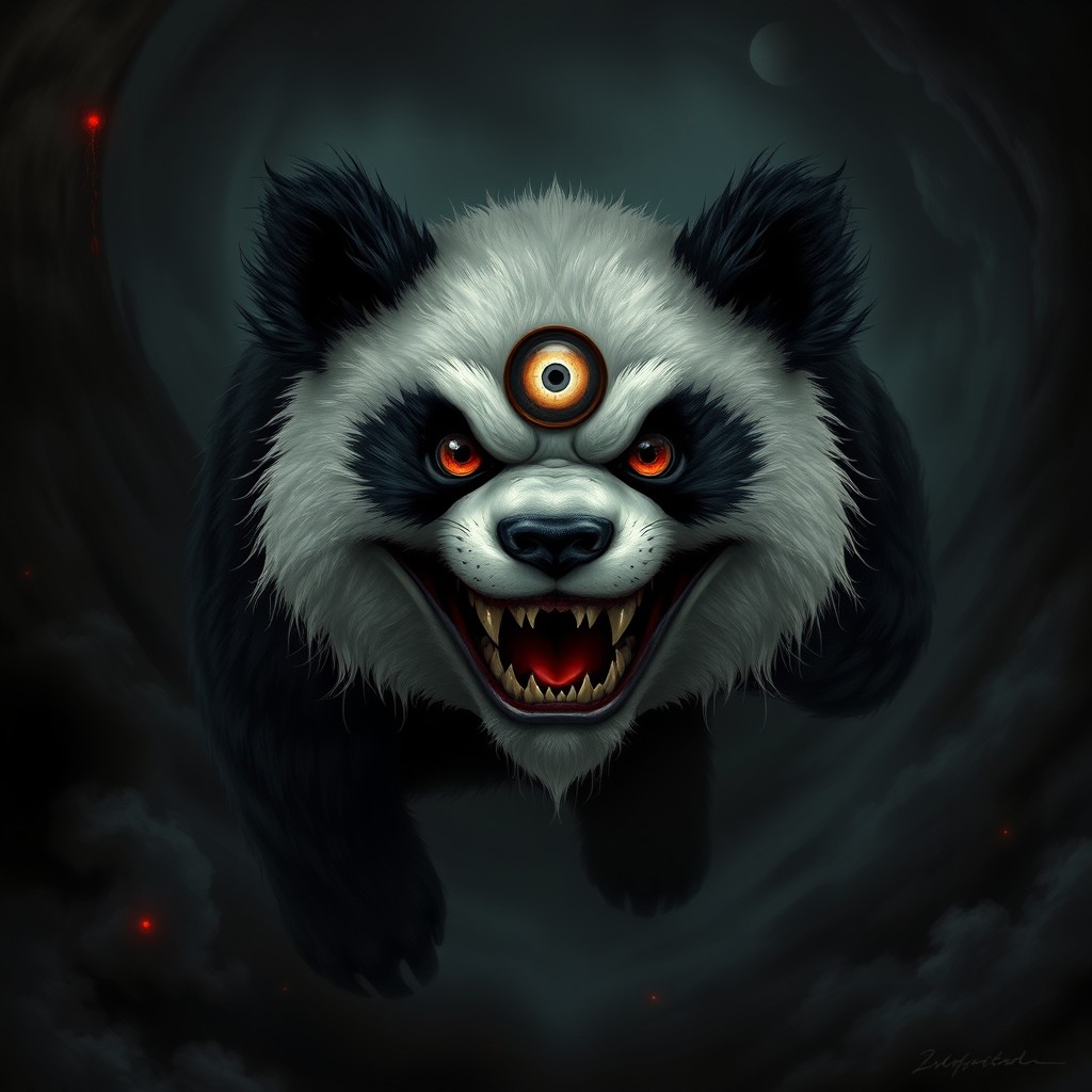 A horror-themed eldritch panda, featuring a sinister third eye on its forehead and a wide, menacing evil smile that reveals sharp teeth