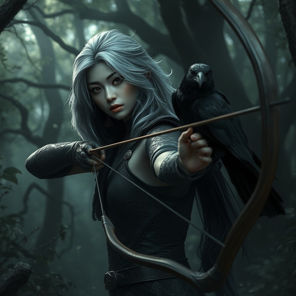 A mystical Shadar-kai archer with dark, intricate tattoos and silvery hair, poised gracefully in an enchanted forest