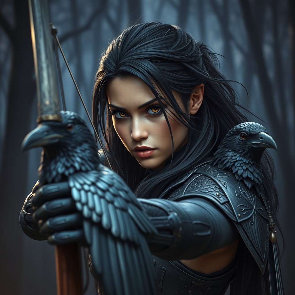 A stunning Shadar-kai female archer with dark, flowing hair and piercing eyes, wearing sleek, intricately designed armor that reflects a blend of elegance and menace