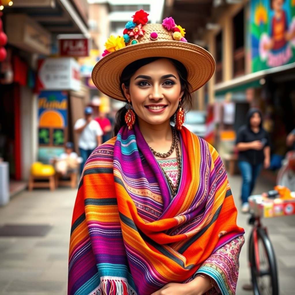 A stunning Bolivian cholita woman from El Alto, proudly showcasing her traditional attire with a modern twist