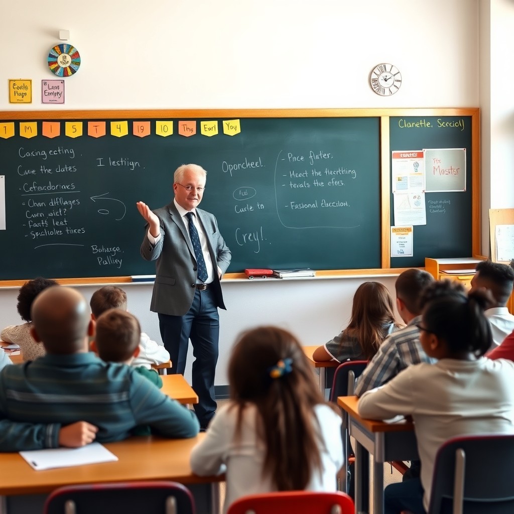 A dedicated teacher stands confidently in front of a large chalkboard, passionately engaging with a diverse group of students in a bright and inviting classroom