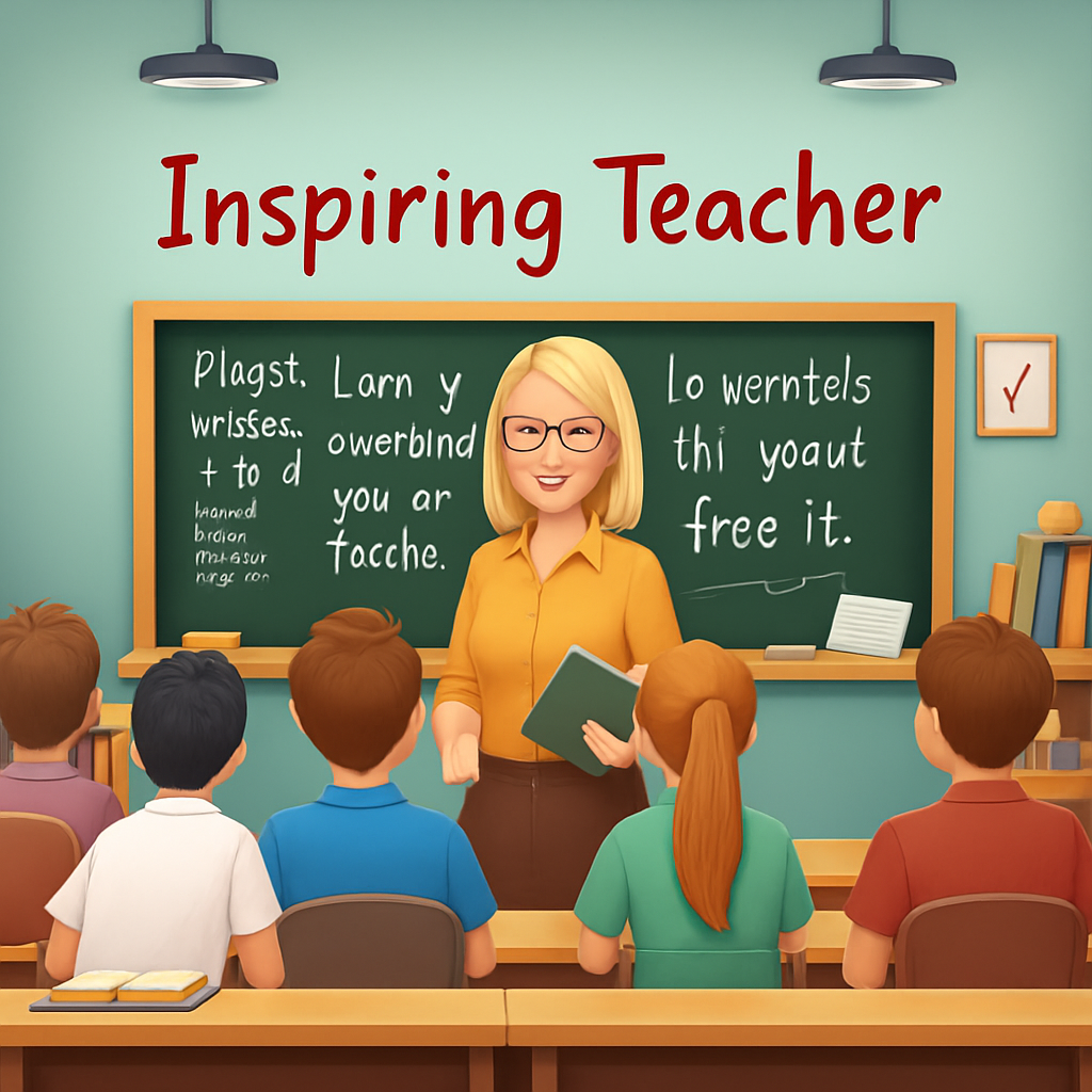 A colorful classroom scene featuring an inspiring female teacher with blonde hair, interacting with a diverse group of engaged students