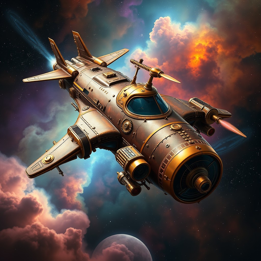 A sporty spaceship designed in a steampunk style, featuring intricate brass and copper details, gears and steam-powered mechanisms, elegant curves and aerodynamic shapes, large propellers, and vintage-style portholes