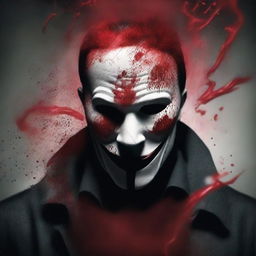 A mysterious man wearing a mask, with a dramatic, unsettling touch of crimson red appearing to be blood seeping from the mask.