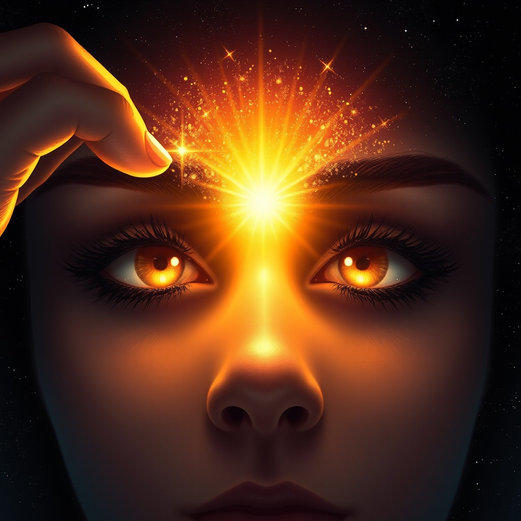 A digital illustration in a realistic-symbolic style featuring a pair of closed human eyes with long, detailed eyelashes at the center