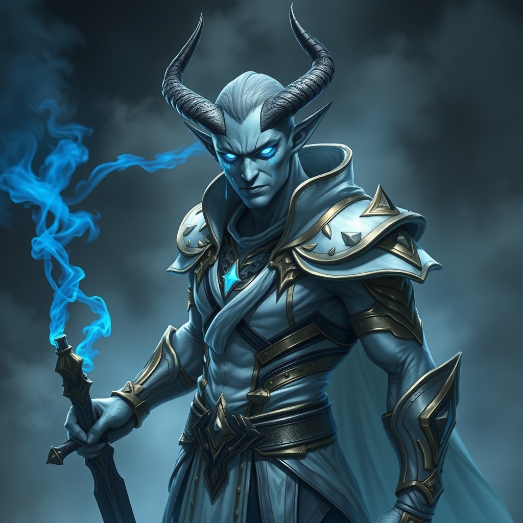 A male Tiefling Hexblade character with light gray necrotic skin, glowing blue eyes that emit smoke falling like tears