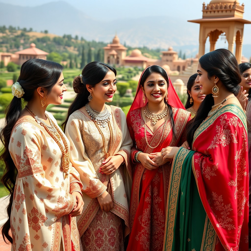 A group of elegant Persian women dressed in exquisite traditional clothing, showcasing intricate patterns and vibrant colors