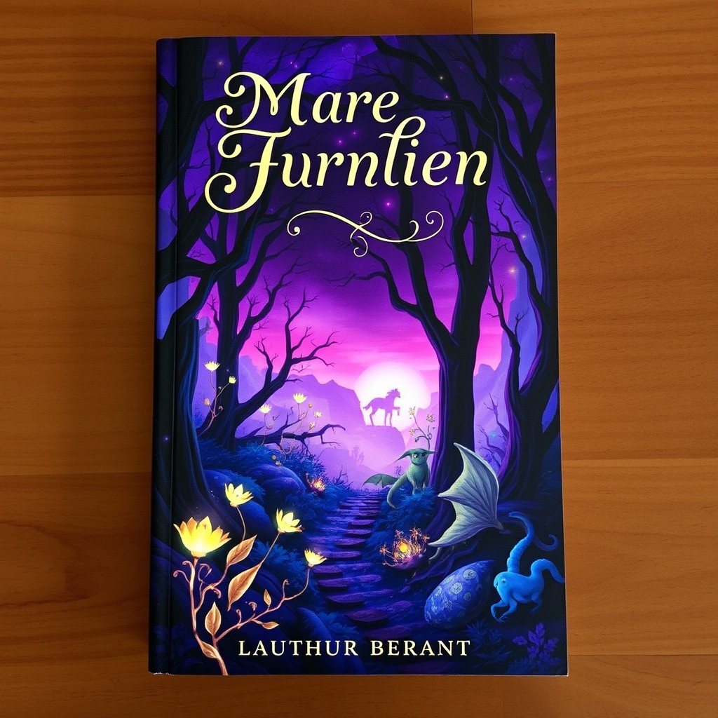 A captivating book cover featuring a mystical forest at twilight, with glowing plants and mythical creatures peeking through the foliage