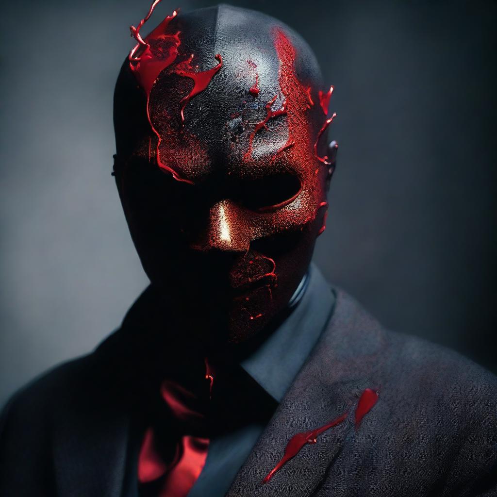 A mysterious man wearing a mask, with a dramatic, unsettling touch of crimson red appearing to be blood seeping from the mask.