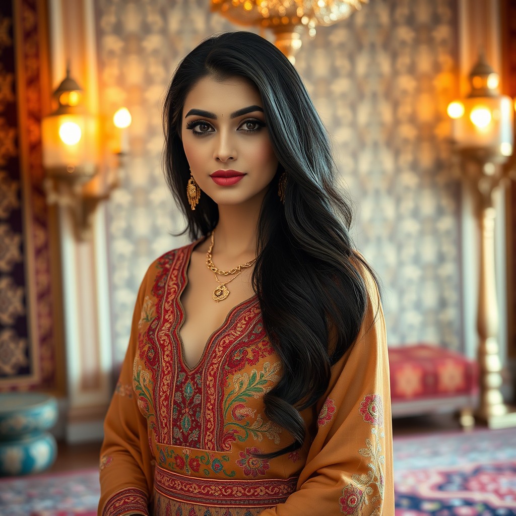 A portrait of an elegant Persian woman dressed in traditional Persian attire, featuring intricate embroidery and rich fabrics