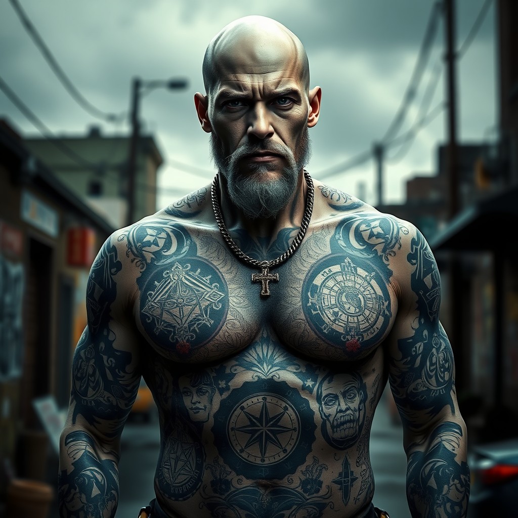 A bald white gangster with intricate black tattoos covering his entire body, featuring symbols that signify his struggle and determination to fight every day for a better life and to reach paradise, representing his aspiration to live beside the almighty father