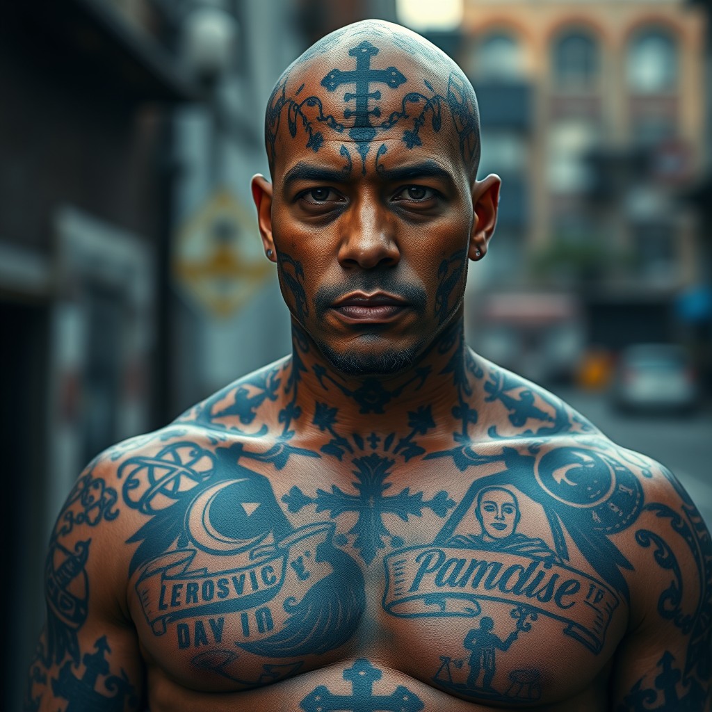 A bald Puerto Rican gangster covered in intricate black tattoos all over his head and body