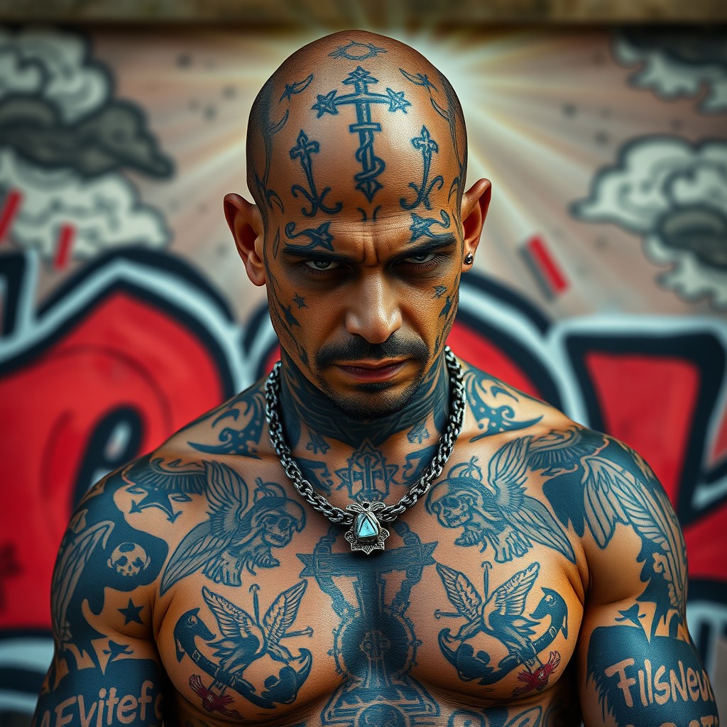 A bald Puerto Rican gangster adorned with intricate black tattoos covering his head and body, featuring symbols that represent his struggles as a fighter striving to reach paradise and live with the Almighty Father