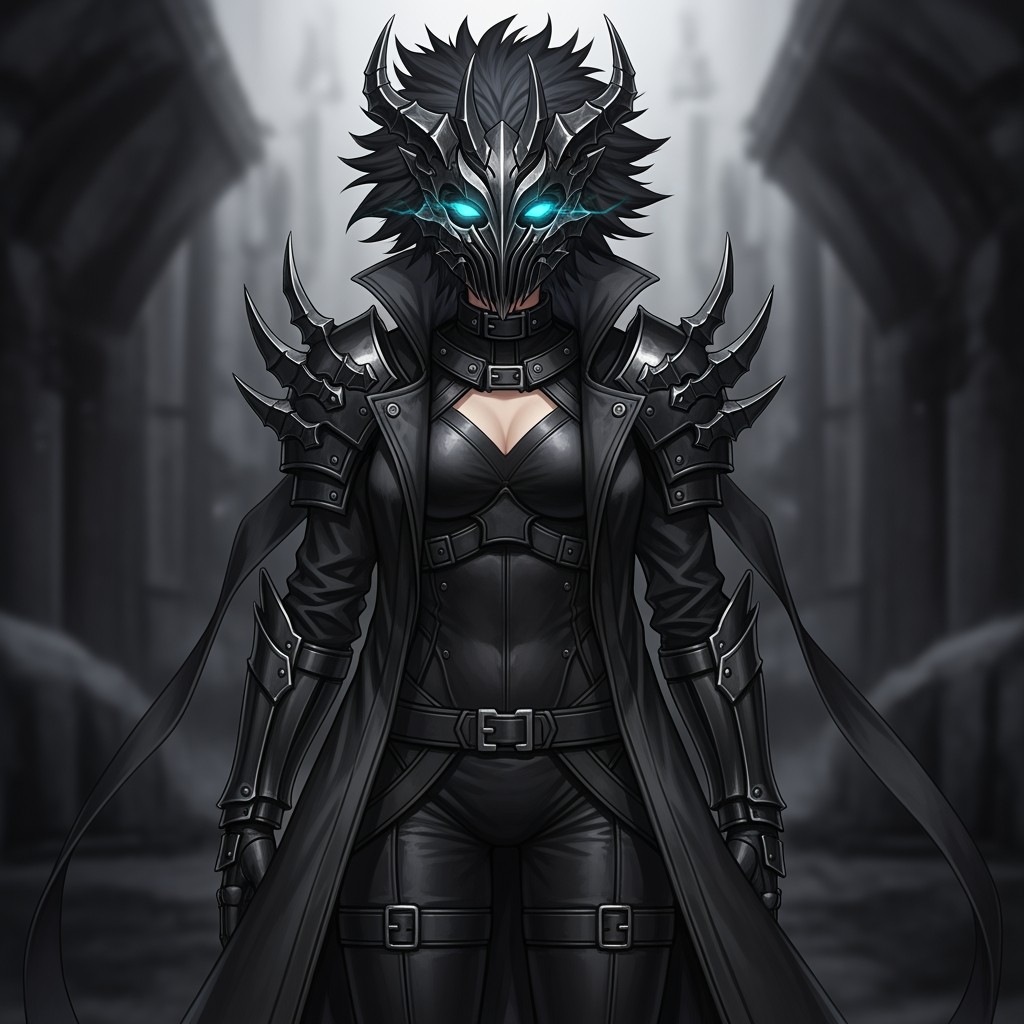 An anime character inspired by Shadow Garden from 'Eminence in Shadow', featuring a female who exudes power and mystery