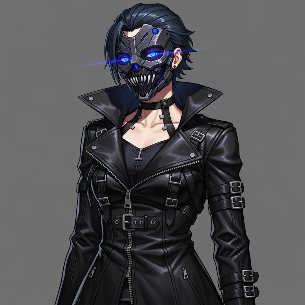 Anime genderbent character inspired by the original description with a Guilty Gear badass aesthetic: The figure has short, dark blue or black hair styled in a somewhat messy yet controlled fashion, giving a rebellious edge
