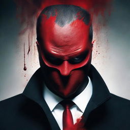 A mysterious man wearing a mask, with a dramatic, unsettling touch of crimson red appearing to be blood seeping from the mask.