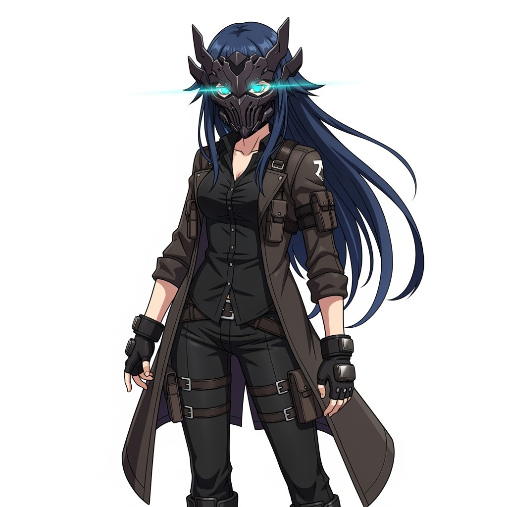 Anime female character inspired by the Guilty Gear aesthetic: She has long, spiky dark blue hair, stylishly kept and full of dynamic energy