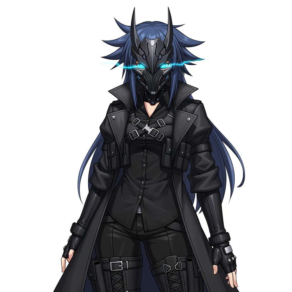 A female anime character with long, dark blue spiky hair, styled neatly