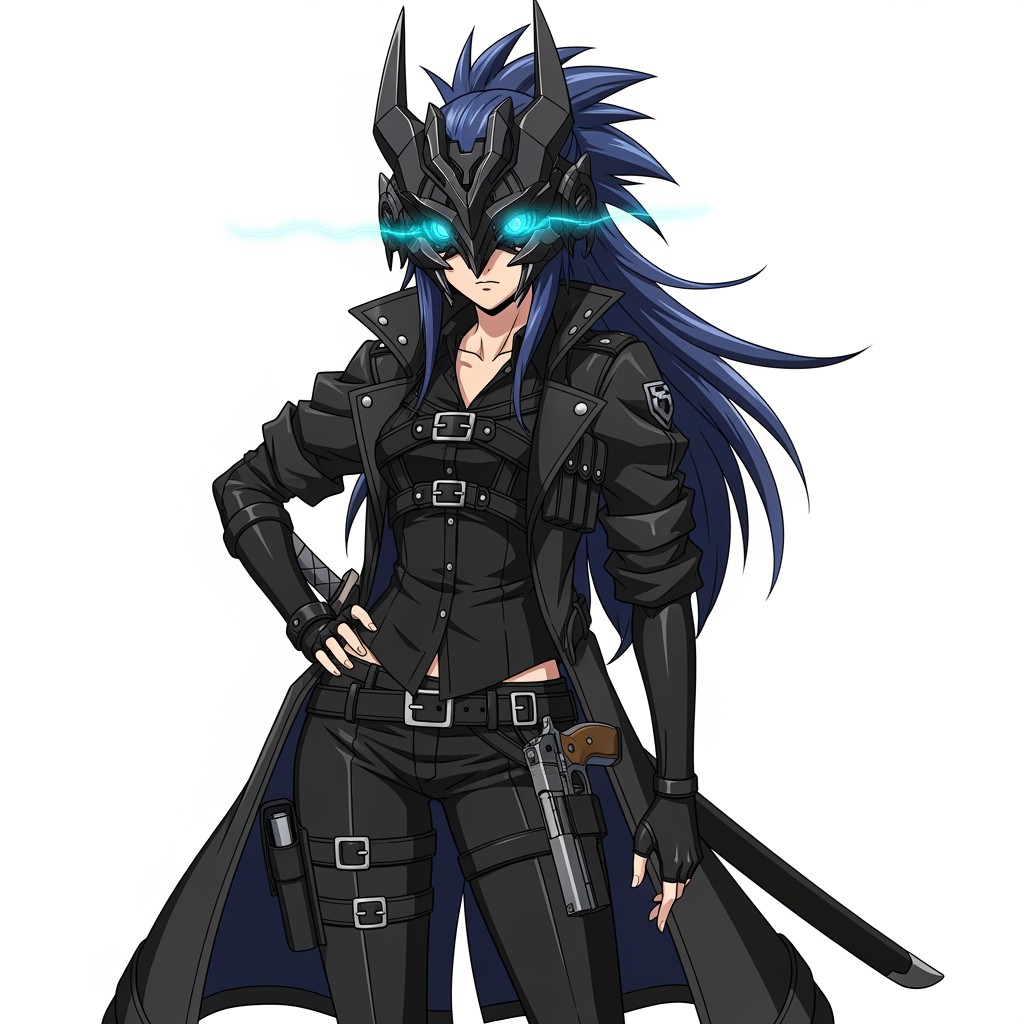 A female anime character with long, dark blue spiky hair, styled nicely