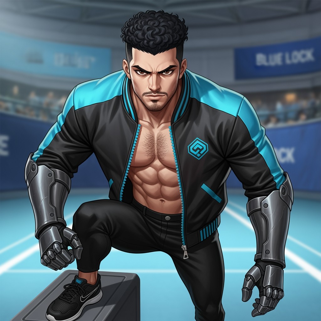 A male character standing at 6'1" tall, featuring short curly jet black hair and intense dark brown irises