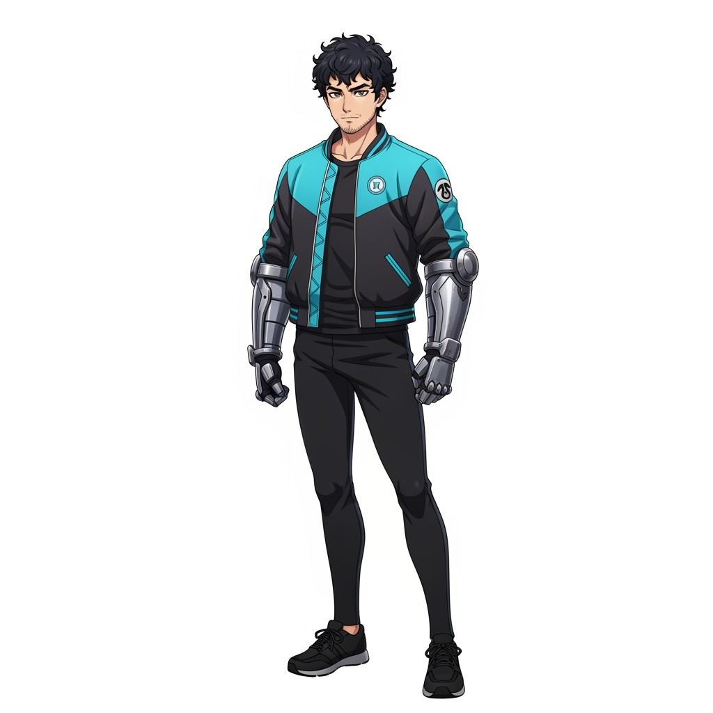 An 18-year-old male anime character standing tall at 6'1'', featuring short curly jet black hair