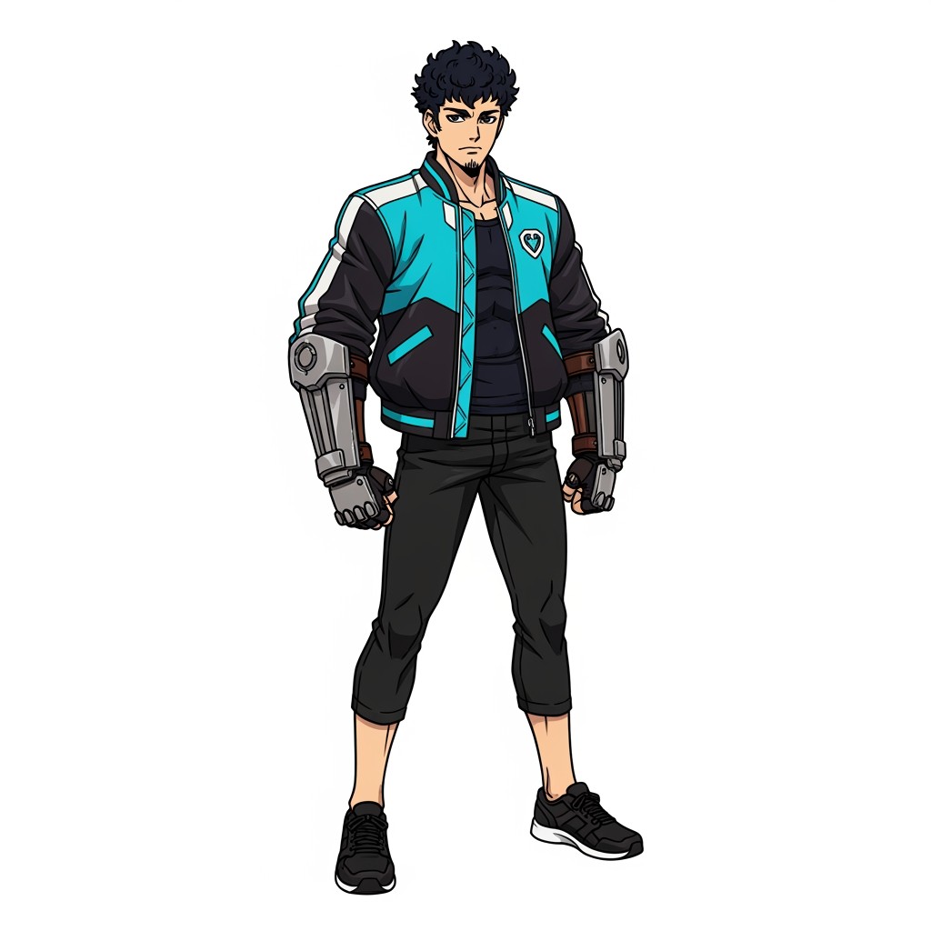An 18-year-old male anime character in the Guilty Gear aesthetic, standing tall at 6'1''