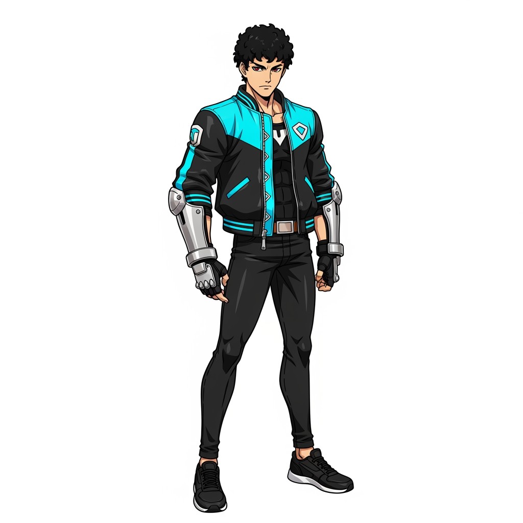 An 18-year-old male anime character in the Guilty Gear aesthetic, standing at 6'1'' with a commanding presence