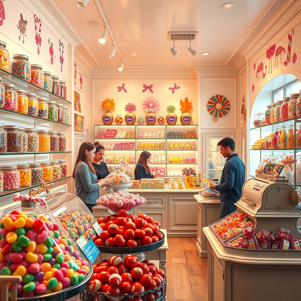 A beautifully designed, realistic interior of a candy shop filled with colorful sweets and confections