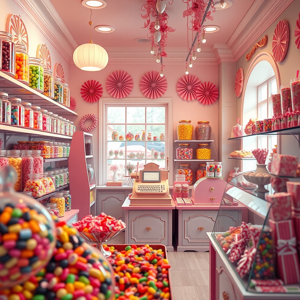 A beautifully designed, realistic interior of a candy shop filled with colorful sweets and confections, devoid of people