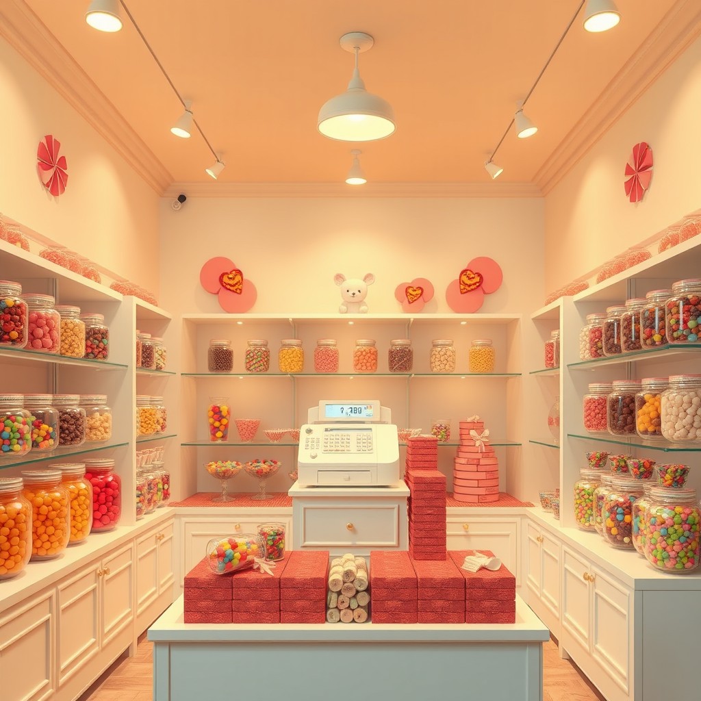 A realistic, wide view of a candy shop interior, displayed without any people