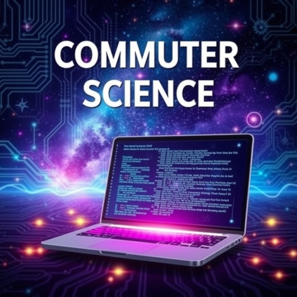A visually striking cover for a computer science project, featuring a digitally inspired design with circuit patterns and binary code flowing across the background