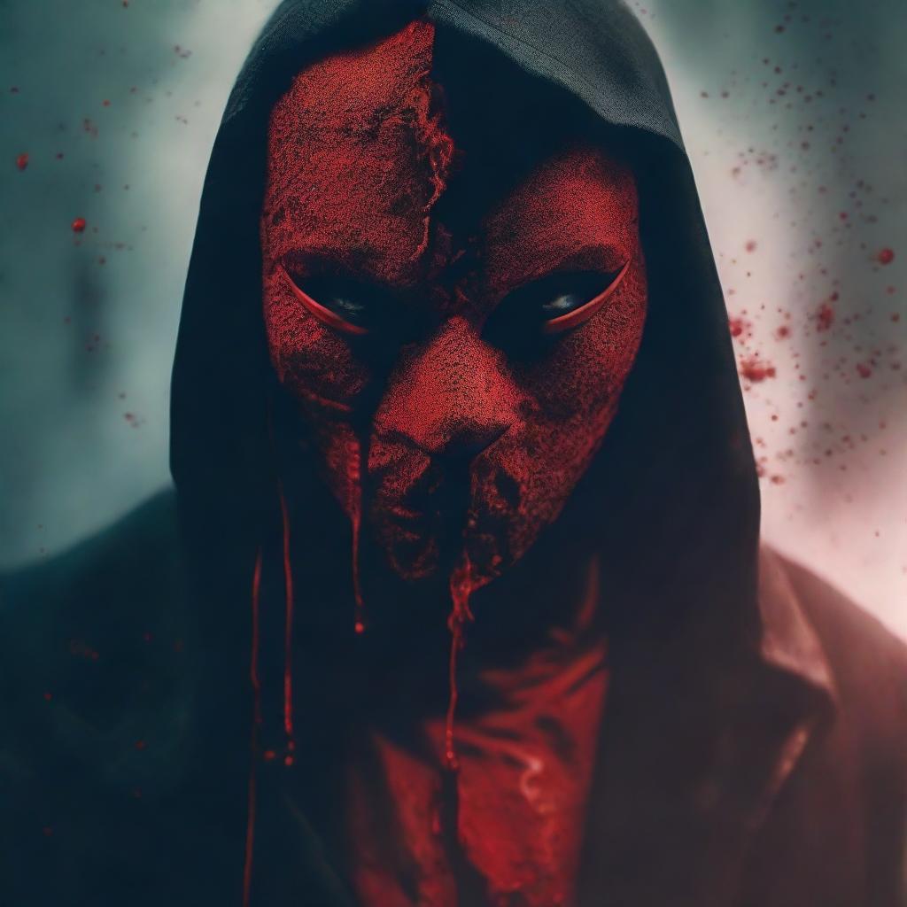 A mysterious man wearing a mask, with a dramatic, unsettling touch of crimson red appearing to be blood seeping from the mask.