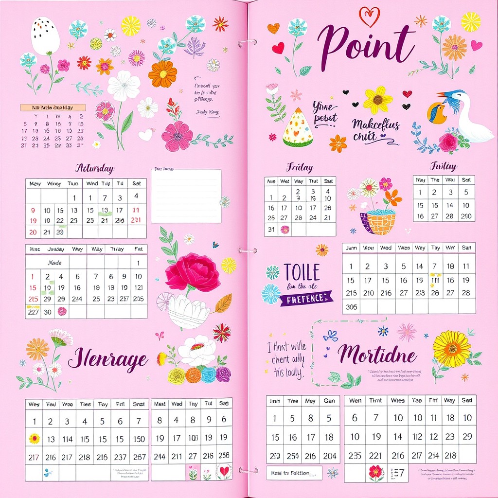 A beautifully designed pink calendar featuring vibrant illustrations for each month