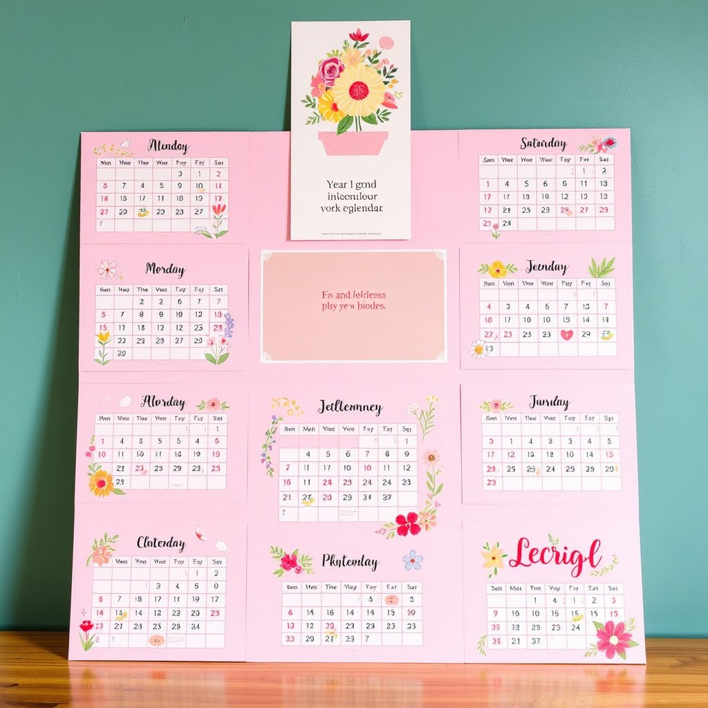 A stunning year-long pink calendar that showcases each month with unique and vibrant illustrations