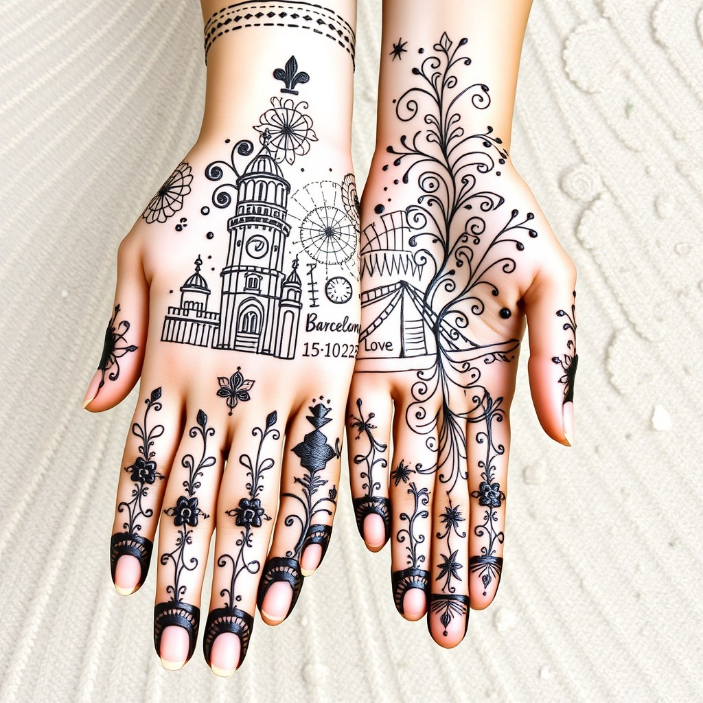 A detailed bridal henna design for full hands, incorporating a personalized storytelling theme