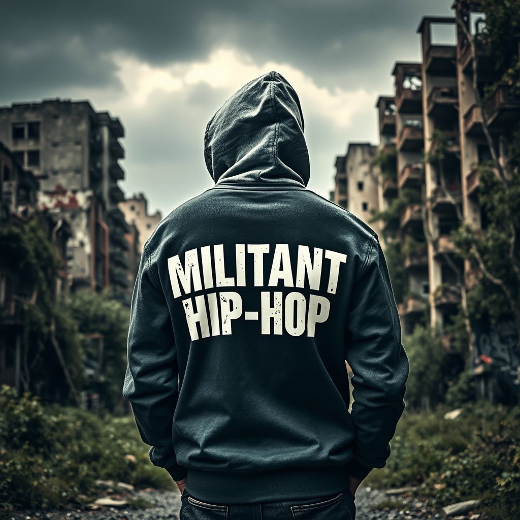 A man standing with his back turned against a dramatic backdrop of a ruined city, showcasing crumbling buildings and overgrown vegetation