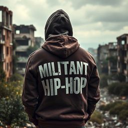 A man standing with his back turned against a dramatic backdrop of a ruined city, showcasing crumbling buildings and overgrown vegetation