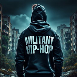 A man standing with his back turned against a dramatic backdrop of a ruined city, showcasing crumbling buildings and overgrown vegetation