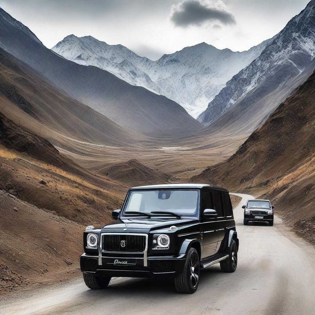 From an outside view, reveal a teenage boy above 16 and a beautiful girl inside a black Rolls-Royce adorned with the word 'Hazara' on the front, stationed on a mountainous road. Three black Benz G-class cars tail them.