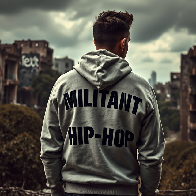 A man standing with his back turned against a dramatic backdrop of a ruined city, showcasing crumbling buildings and overgrown vegetation