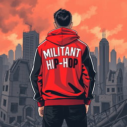 A striking drawing of a man standing with his back turned against the backdrop of a ruined city, featuring crumbling buildings and a desolate atmosphere