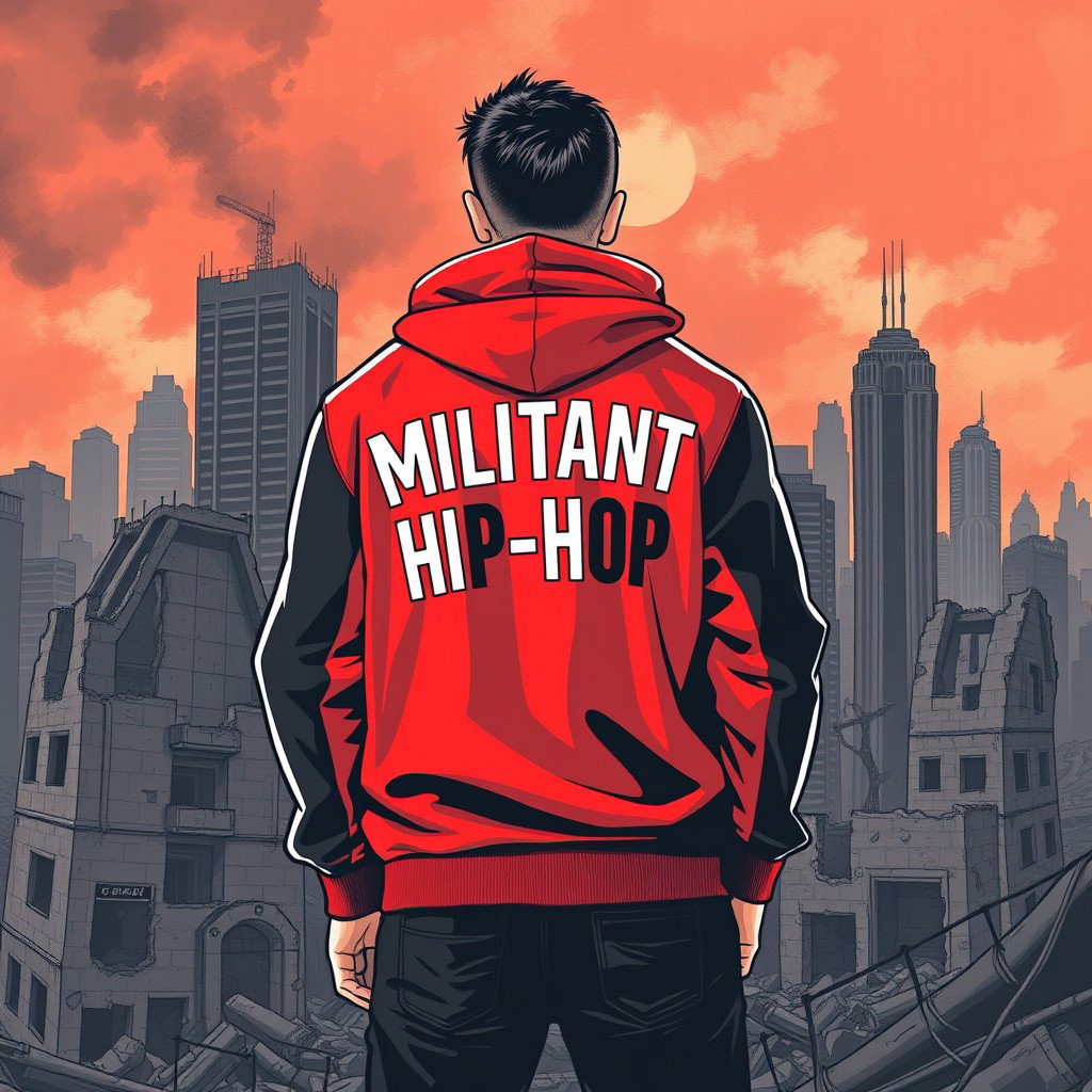 A striking drawing of a man standing with his back turned against the backdrop of a ruined city, featuring crumbling buildings and a desolate atmosphere