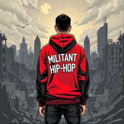 A striking drawing of a man standing with his back turned against the backdrop of a ruined city, featuring crumbling buildings and a desolate atmosphere