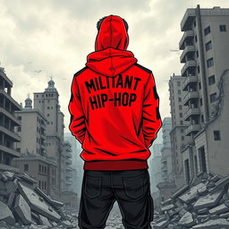 A striking drawing of a man standing with his back turned against the backdrop of a ruined city, featuring crumbling buildings and a desolate atmosphere