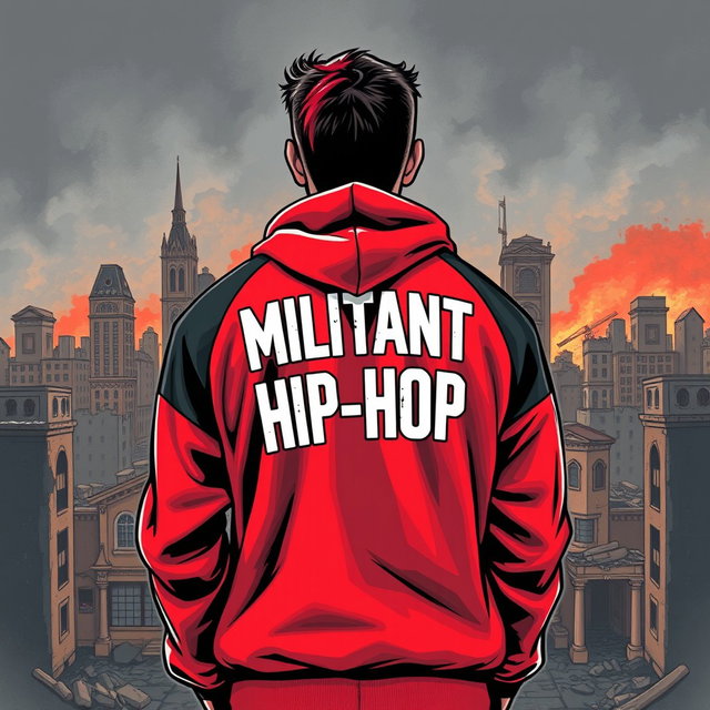 A striking drawing of a man standing with his back turned against the backdrop of a ruined city, featuring crumbling buildings and a desolate atmosphere