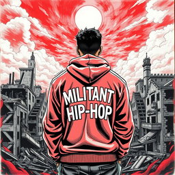 A compelling drawing of a man standing with his back turned against the backdrop of a ruined city, featuring collapsing structures and an atmosphere filled with desolation