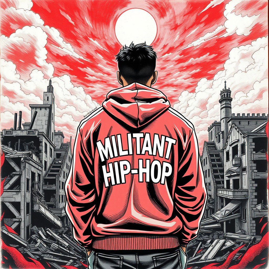 A compelling drawing of a man standing with his back turned against the backdrop of a ruined city, featuring collapsing structures and an atmosphere filled with desolation