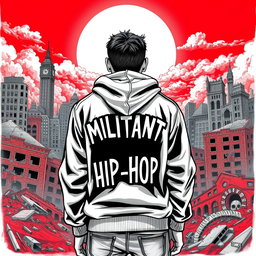 A compelling drawing of a man standing with his back turned against the backdrop of a ruined city, featuring collapsing structures and an atmosphere filled with desolation