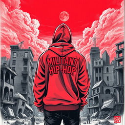 A compelling drawing of a man standing with his back turned against the backdrop of a ruined city, featuring collapsing structures and an atmosphere filled with desolation